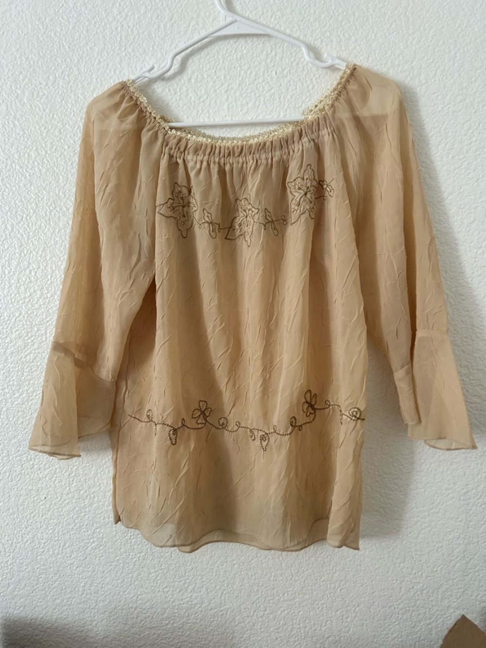 Beige Floral Embroidered Off-Shoulder Women’s Top